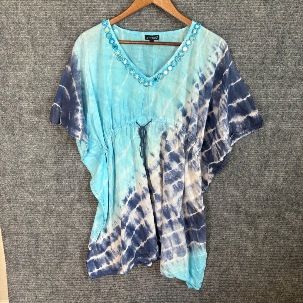 Venus Blue Tie Dye Kaftan Top Mirror Embellished Cotton Beach Cover Up OS